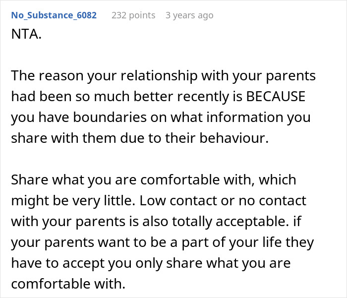 Screenshot of a Reddit comment explaining setting boundaries with parents after secretly buying a house.