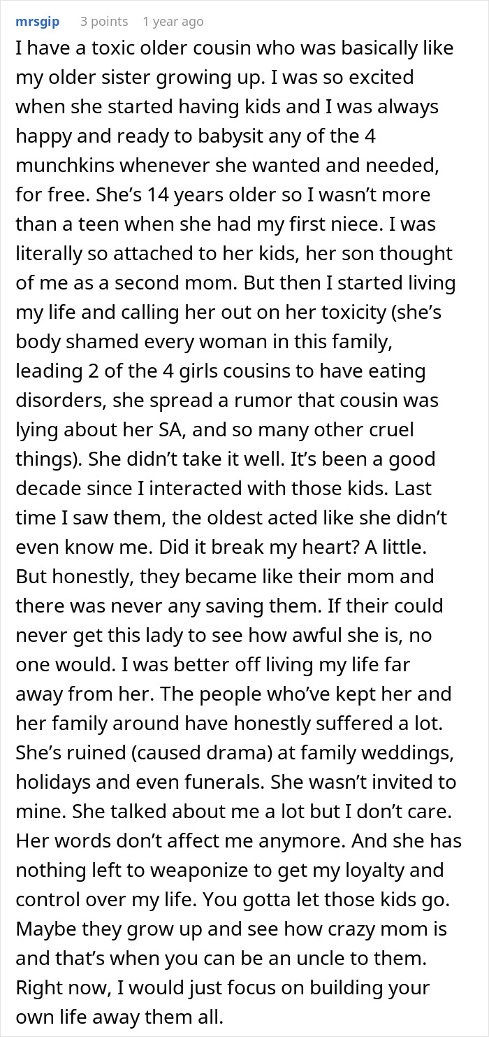 Screenshot of a Reddit comment about family toxicity and niblings being brainwashed to hate a relative.