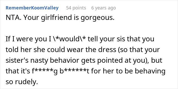 Screenshot of a forum comment discussing drama caused by approving an outfit for sister&rsquo;s wedding and relationship conflict.