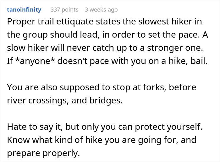 Screenshot of a discussion on men abandoning their partners during outdoor activities and hiking etiquette advice.
