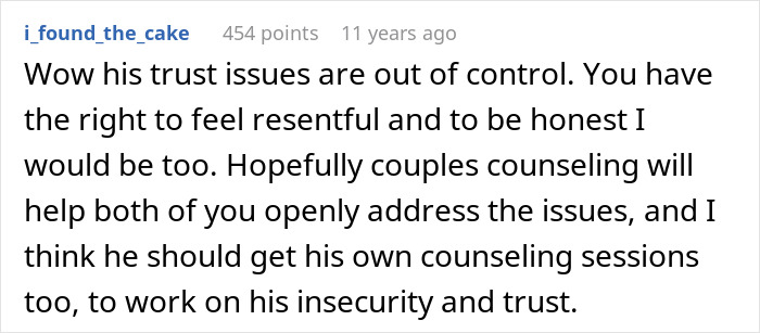 Screenshot of an online comment discussing trust issues and counseling after a secret paternity test involving a newborn baby.