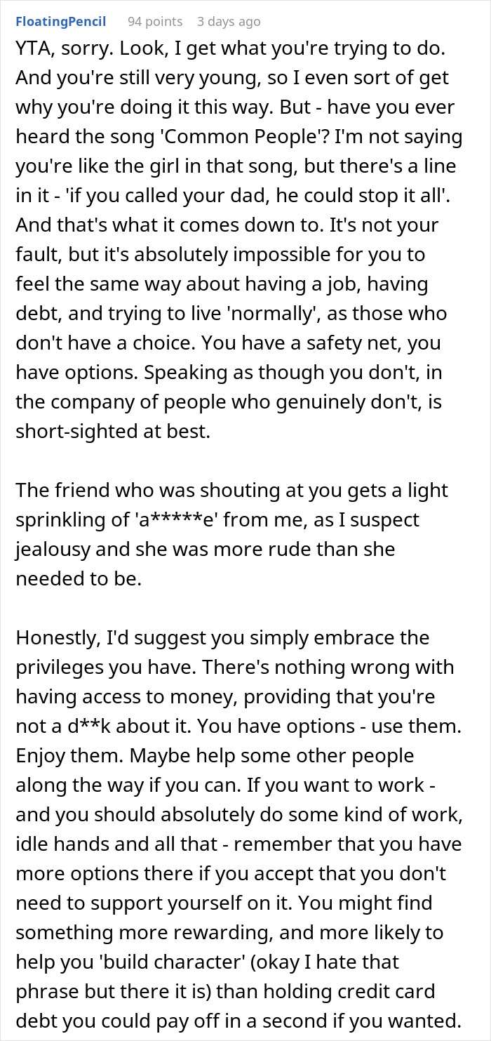 Comment discussing privilege and wealth from the perspective of a woman who grew up wealthy failing to read the room.