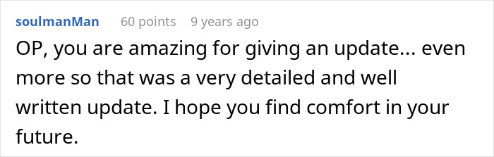 Comment praising original poster for a detailed update, related to cheating and secrets in a relationship story.