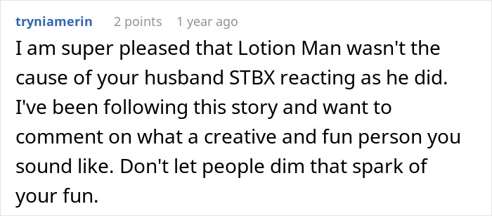 Screenshot of a reddit comment praising a woman&rsquo;s innocent goofy joke about her horrible, cheating husband.