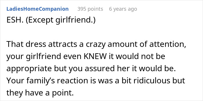 Commenter discussing drama caused by guy approving controversial outfit for sister&rsquo;s wedding, throwing girlfriend under the bus.