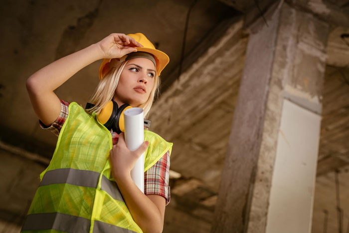 Woman construction worker wearing a hard hat and high-visibility vest holding blueprints in a building under construction.