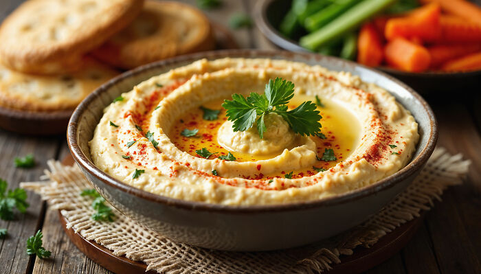 Bowl of hummus garnished with parsley and paprika, with fresh vegetables and crackers in the background.
