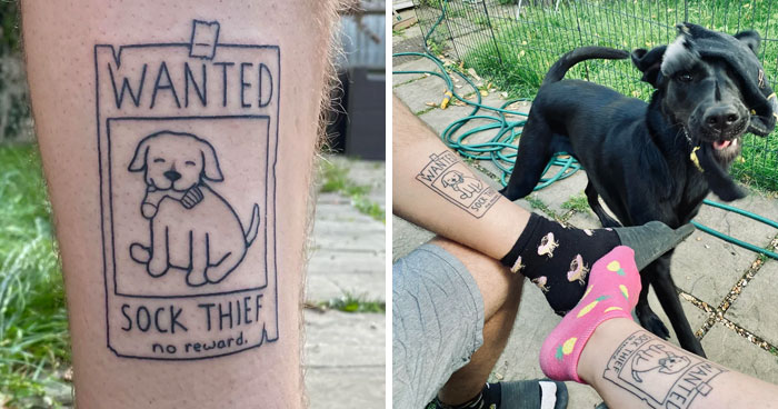 Tattoo of a wanted poster with a dog labeled sock thief on a person's leg, showcasing cool tattoos.
