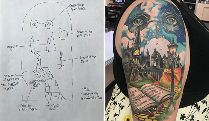 Detailed colorful tattoo of fantasy elements including open book, cityscape, and eyes, showcasing cool tattoos without regrets.