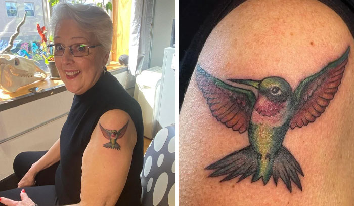 Woman smiling and showing a cool hummingbird tattoo on her upper arm, an example of cool tattoos without regrets.