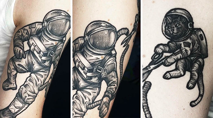 Black ink astronaut and cat tattoos on arms showcasing cool tattoos with detailed line work and shading.
