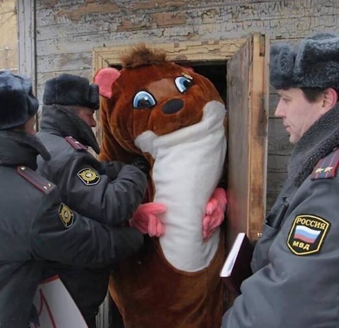 Police officers surrounding a person in a large, awkward animal costume outside a weathered wooden building, weird and cringey photo.