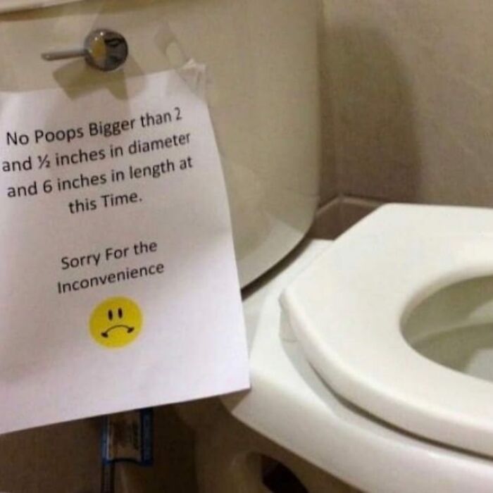 Sign on a toilet restricting poops by size, illustrating awkward and cringey moments from weird photos.