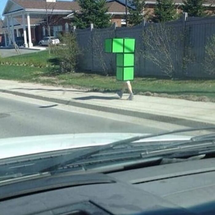 Person wearing a large green block costume on a sidewalk in a weird and cringey photo difficult to look at.