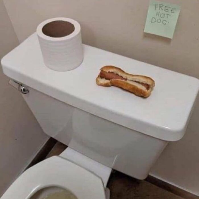 Toilet with a roll of toilet paper and a hot dog on top, a weird and cringey photo difficult to look at.