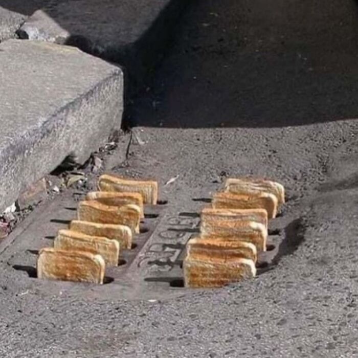 Slices of toasted bread awkwardly placed standing upright in a storm drain, creating a weird and cringey visual.