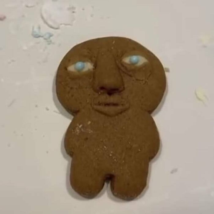 Gingerbread cookie with a weird human-like face, making it one of the cringey and difficult photos to look at.