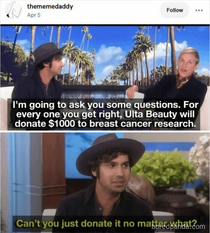 Scene from an interview with a man in a hat discussing donations to breast cancer research on Tumblr meme.