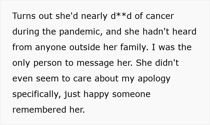 Text on image describing a woman&rsquo;s struggle as a friend with 10 years of connection, ultimately leading to being blocked.