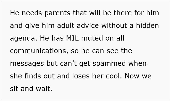 Text explaining a person needs parents&rsquo; support while MIL wants to file bankruptcy debt and is muted on communications.