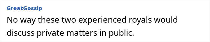 Screenshot of a gossip site claim about senior royals and Meghan Markle discussing private matters in public.