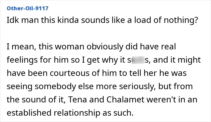 Screenshot of a forum comment discussing alleged romance involving ex-adult entertainer and Timothée Chalamet. Screenshot of a forum comment discussing alleged romance involving ex-adult entertainer and Timothée Chalamet.