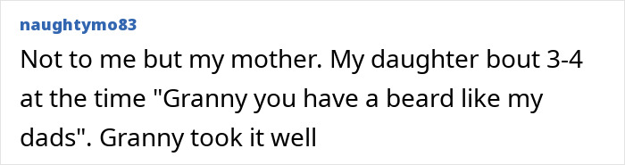 Text post from user naughtymo83 sharing a funny kid roast about their grandmother’s beard with no filter.