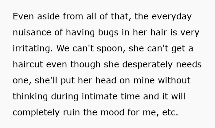 Alt text: Text describing the irritation and relationship challenges caused by untreated lice and its impact on intimacy.