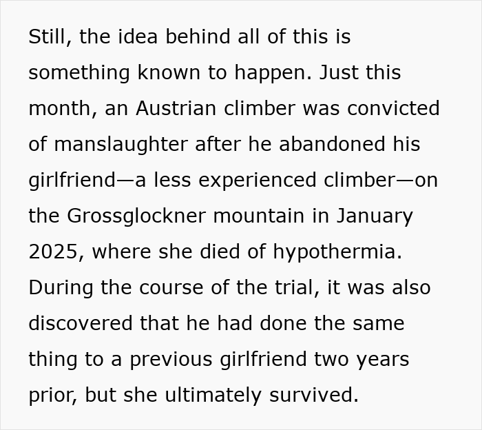 Texto sobre homens abandonando suas parceiras durante atividades ao ar livre, destacando a condenação de um alpinista austríaco por homicídio culposo.