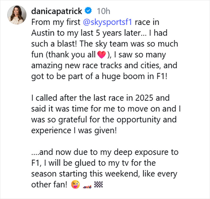 Screenshot of Danica Patrick's Instagram post reflecting on her F1 career and expressing gratitude for the experience after firing controversy.