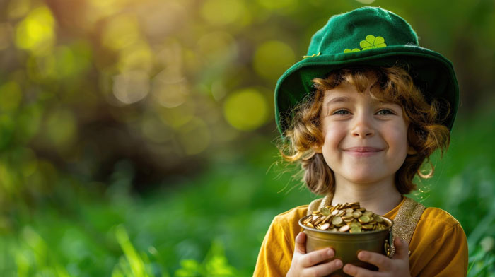 Young child in a green hat holding a pot of gold, smiling outdoors in a bright, natural setting about birthday memories.