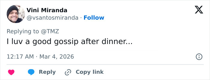 User Vini Miranda smiling in a casual profile photo commenting on David Harbour partner kicked out party gossip.