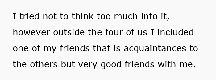 Text excerpt from a suspicious woman trusting her gut instinct amid friends, hinting at a diabolical conspiracy.