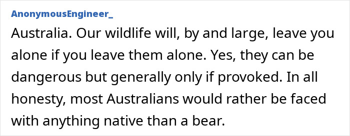 Text from AnonymousEngineer_ explaining Australian wildlife. It debunks common stereotypes about countries being unsafe.