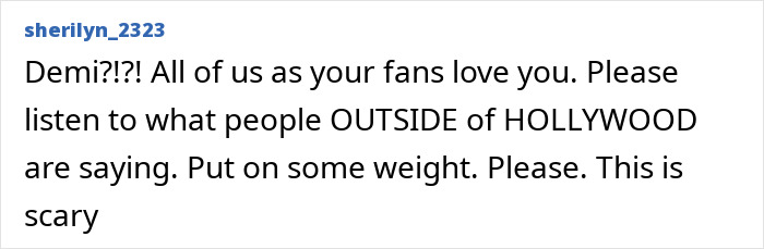 Screenshot of a comment expressing concern over Demi Moore's weight loss after her SXSW appearance causing backlash.