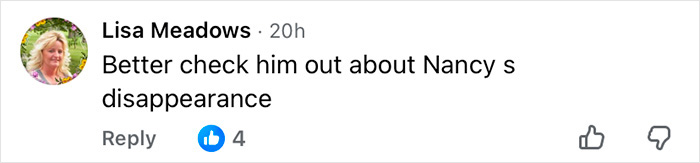 Comentário de Lisa Meadows no Facebook discutindo a verificação do deputado acusado de sequestrar uma mulher sob custódia. Comentário de Lisa Meadows no Facebook discutindo a verificação do deputado acusado de sequestrar uma mulher sob custódia.