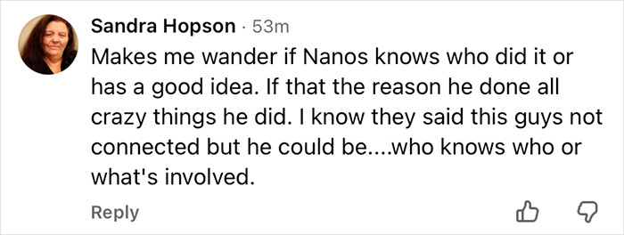 Comentário de Sandra Hopson questionando o envolvimento em sequestro, ligado ao deputado demitido da equipe de investigação de Nancy Guthrie. Comentário de Sandra Hopson questionando o envolvimento em sequestro, ligado ao deputado demitido da equipe de investigação de Nancy Guthrie.