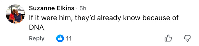 Comentário de Suzanne Elkins no Facebook discutindo evidências de DNA relacionadas ao deputado acusado de sequestrar uma mulher sob custódia. Comentário de Suzanne Elkins no Facebook discutindo evidências de DNA relacionadas ao deputado acusado de sequestrar uma mulher sob custódia.