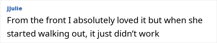 Comment text expressing mixed feelings about a dress mishap and awkward backstage reactions at the Oscars.