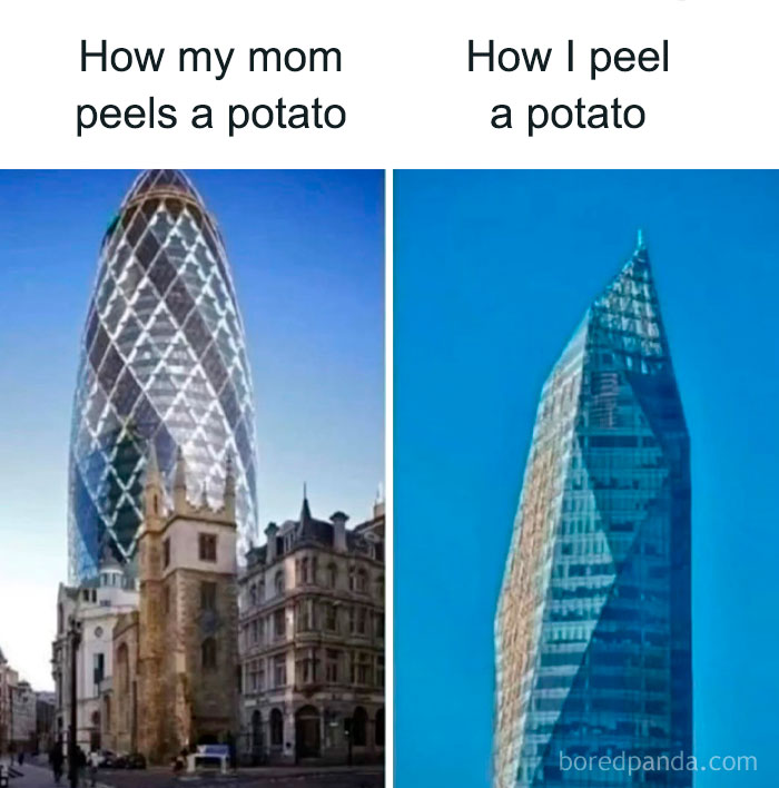 Comparison meme showing two London buildings illustrating how differently a mom and child peel a potato in entertaining memes.