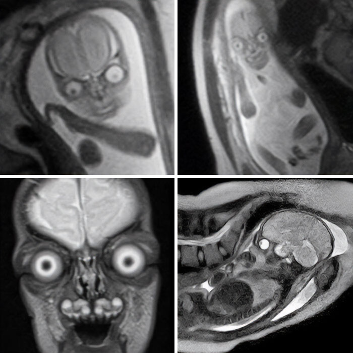 MRI scans showing unusual medical images with eerie, distorted features that blur the line between science and nightmare.