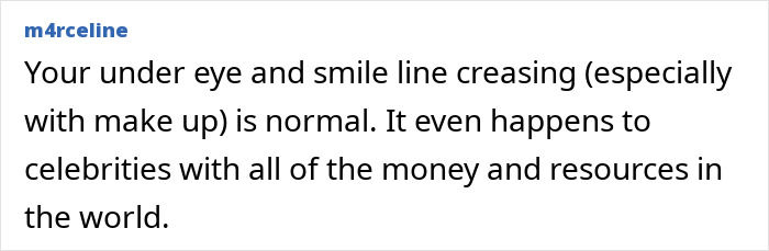 Text post discussing under eye and smile line creasing, noting it is normal even among celebrities with youthfulness.