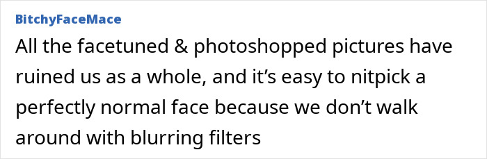 Text post from BitchyFaceMace discussing how facetuned and photoshopped pictures affect perception, causing tired eyes.