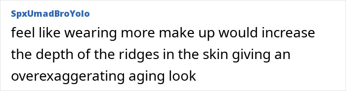 Comment text on a white background discussing makeup effects related to tired eyes and skin aging appearance.