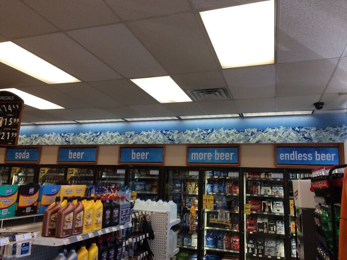 Convenience store coolers filled with beer and soda showcasing a variety of beverages capturing US state essence.