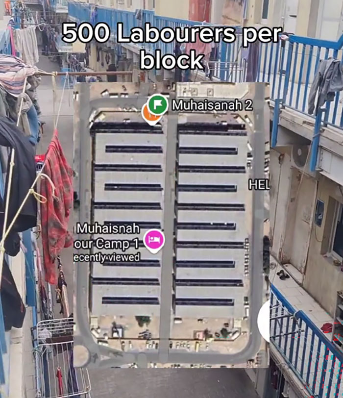 A crowded labor camp in Dubai with 500 laborers per block, showing the harsh reality of worker accommodations.