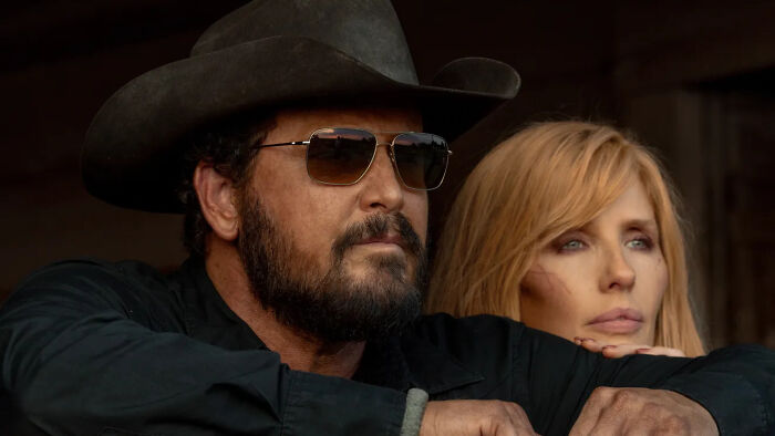 Close-up of two characters from Dutton Ranch wearing western attire, highlighting the show's release and successor status.