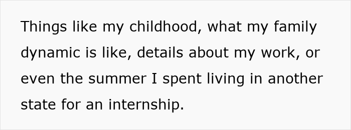Text on a white background describing personal memories about childhood, family dynamics, work, and an internship experience.