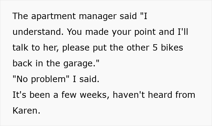 Conversa de texto mostrando o gerente do apartamento pedindo para mover as bicicletas, a mulher confirmando e mencionando nenhum contato da vizinha Karen. Conversa de texto mostrando o gerente do apartamento pedindo para mover as bicicletas, a mulher confirmando e mencionando nenhum contato da vizinha Karen.
