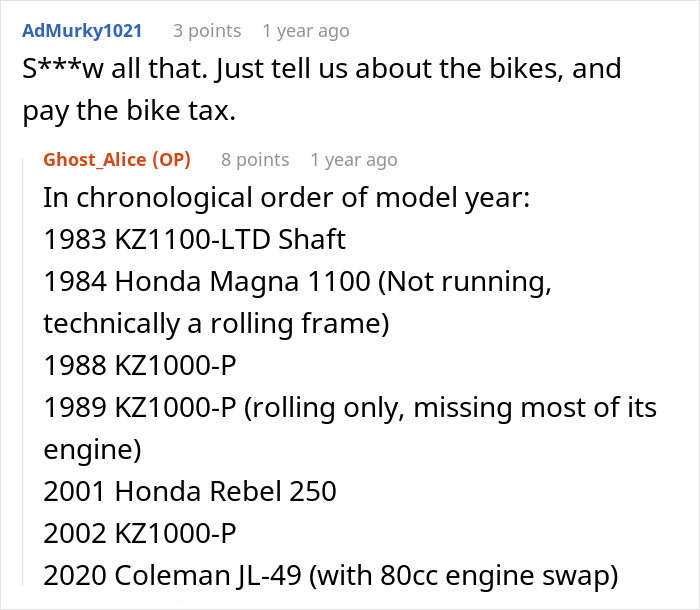 Comente o tópico discutindo detalhes e anos de modelo de sete motocicletas usadas por uma mulher para ensinar vizinhos sobre estacionamento justo. Comente o tópico discutindo detalhes e anos de modelo de sete motocicletas usadas por uma mulher para ensinar vizinhos sobre estacionamento justo.